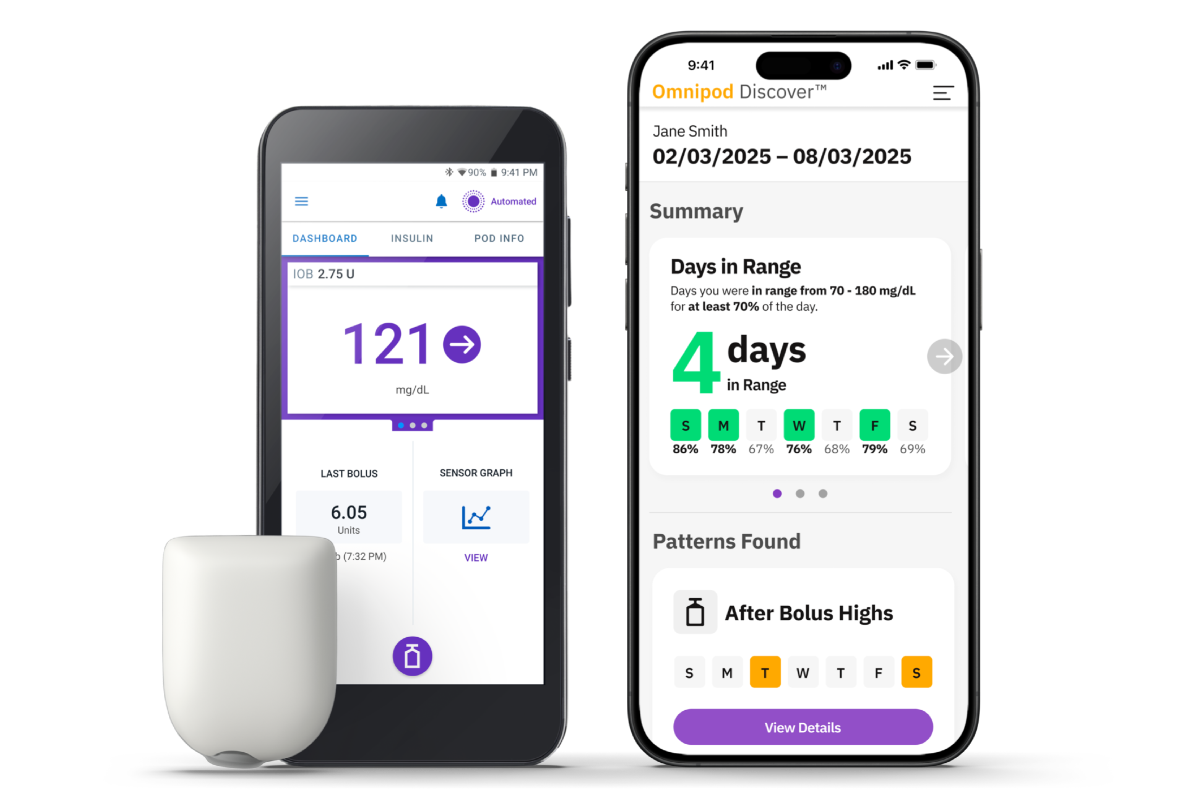 Omnipod 5 and Discover with iPhone, Controller, and Pod (shown without necessary adhesive) and in English using mg/dL
