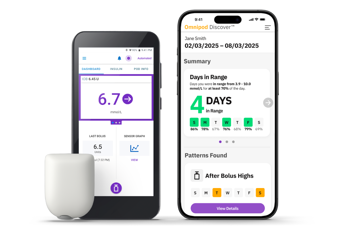 Omnipod 5 with Discover, controller, Pod, and iPhone in English and mmo/L
