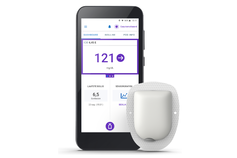 Omnipod 5 with Pod (shown with adhesive) in Dutch and mg/dL as units of measurement
