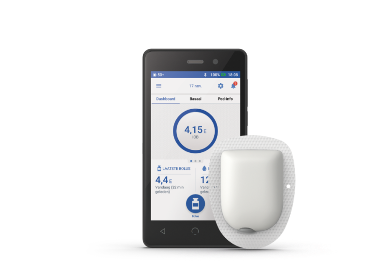 Omnipod DASH with Pod (shown with adhesive) in Dutch and using mg/dL as units of measurement