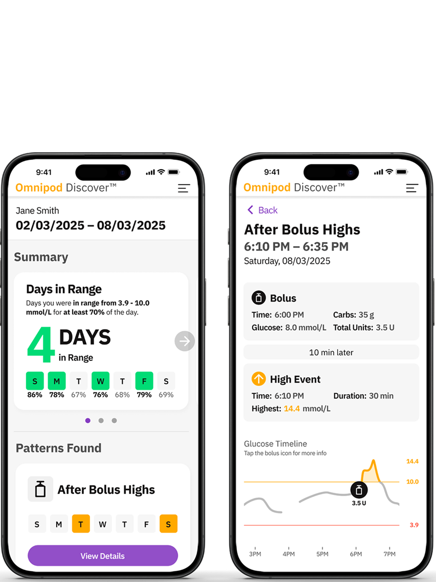 Omnipod Discover screens on an iPhone