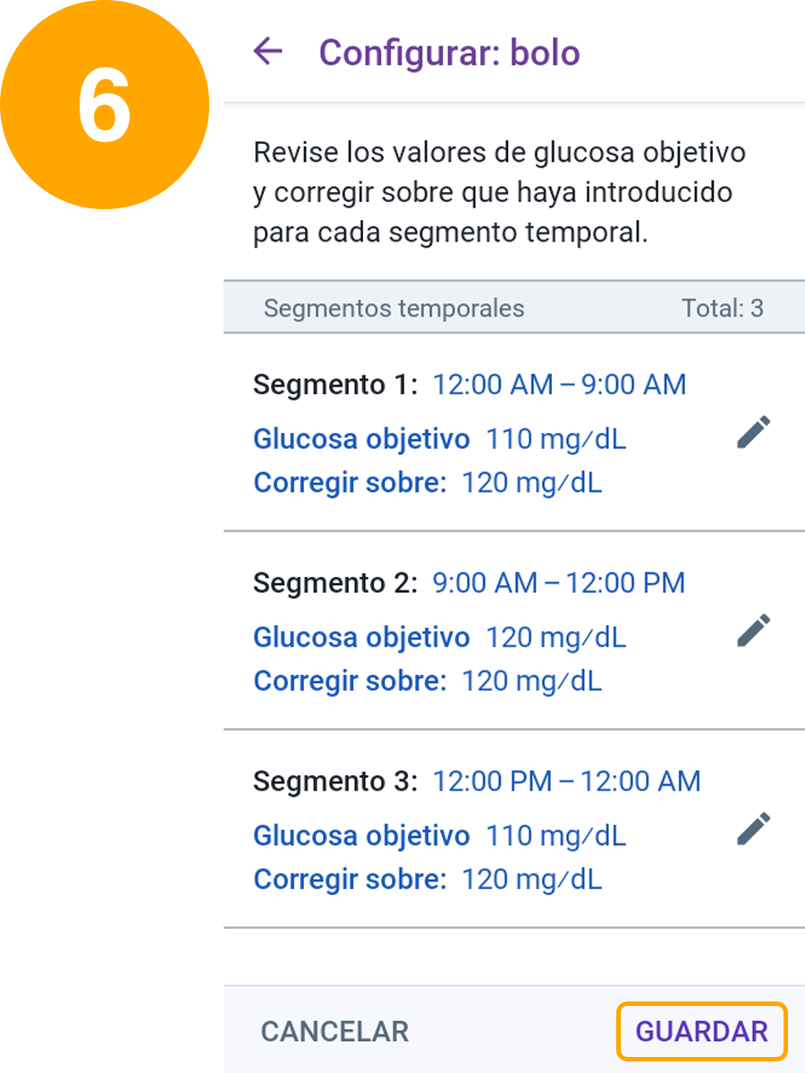 confirm target glucose segment screen
