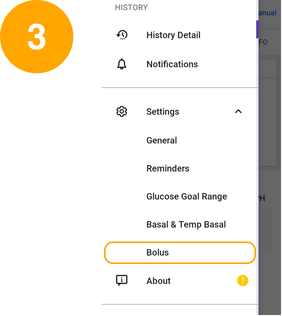 Android / Controller menu screen with Bolus selected