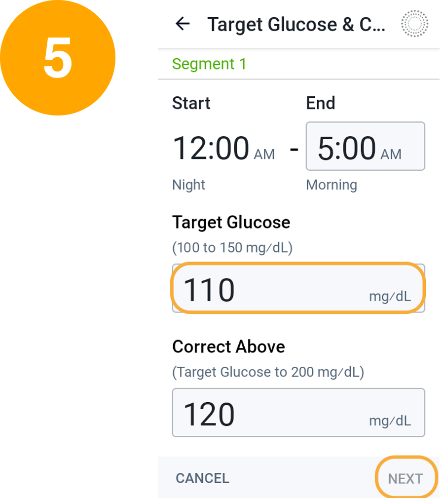 Android / Controller Setup Bolus screen with Target Glucose highlighted