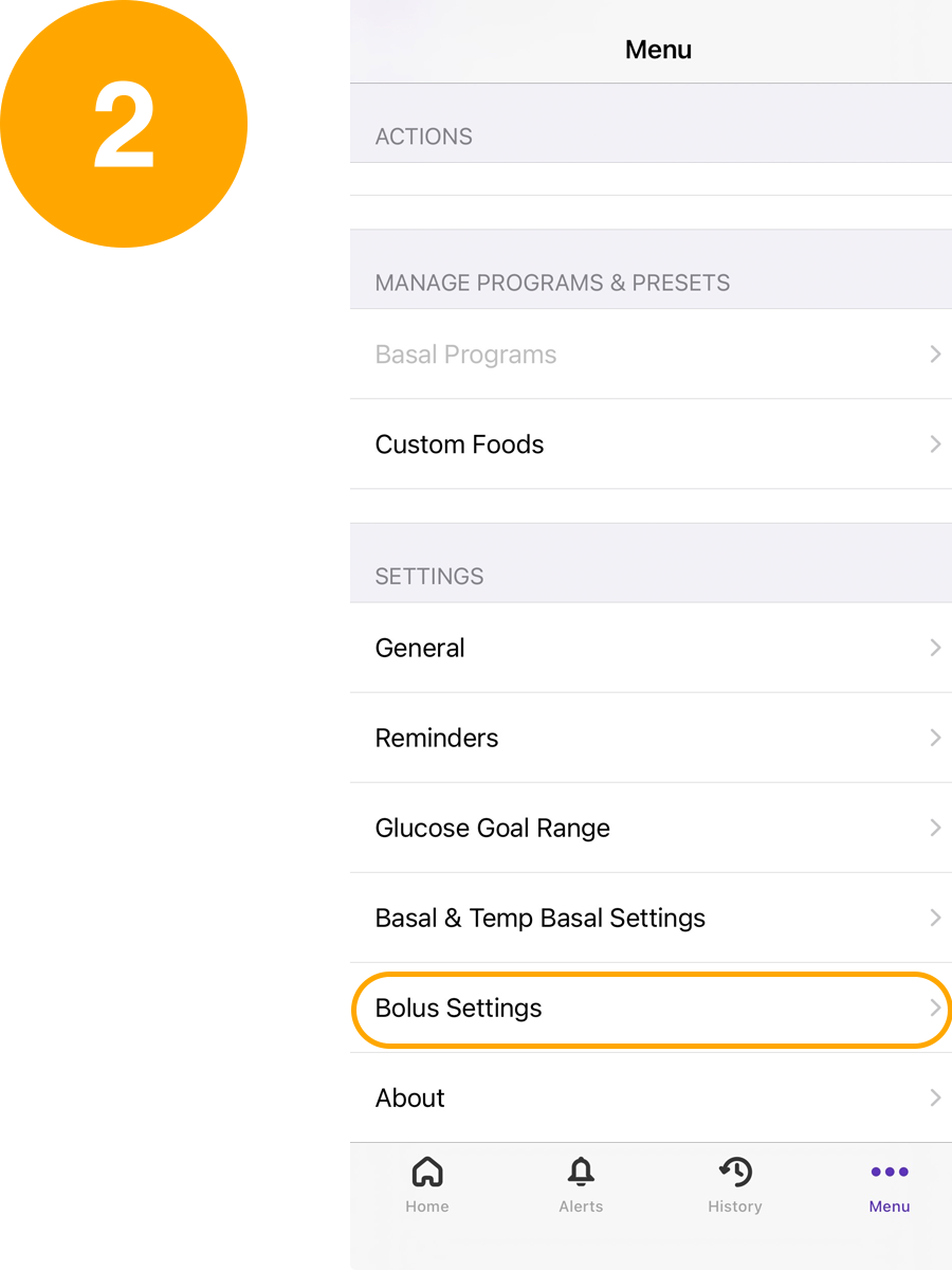 iOS menu with bolus selection