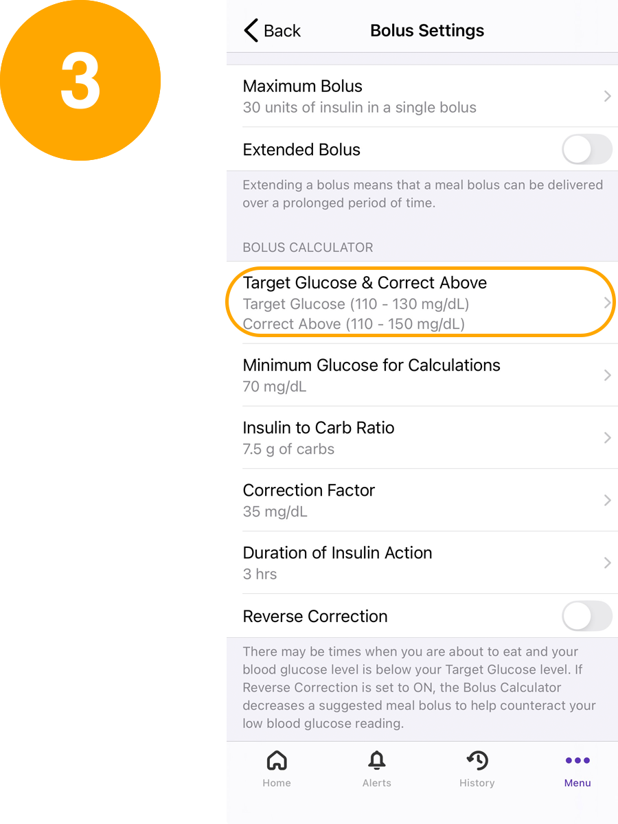 iOS bolus settings with Target Glucose and Correct Above selected