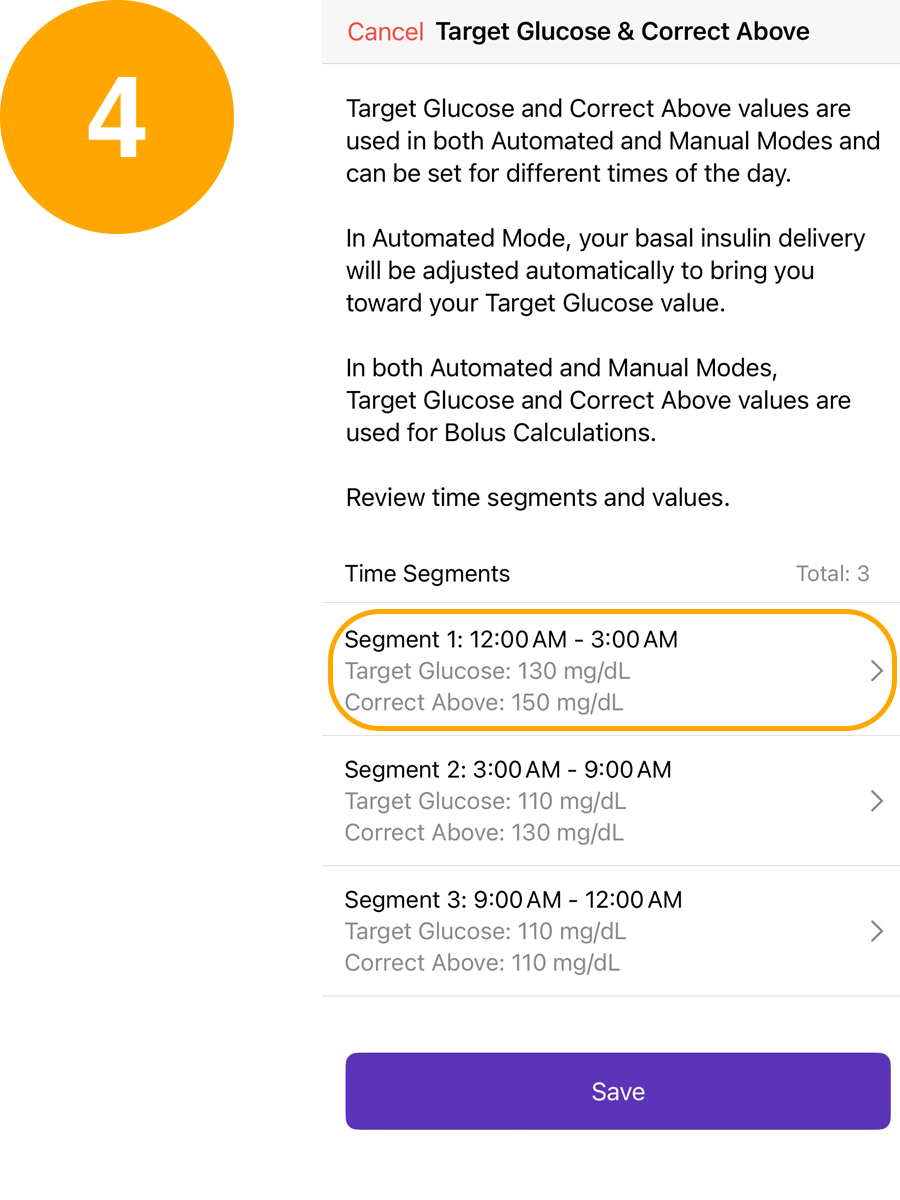 iOS Target Glucose & Correct Above with segment 1 selected