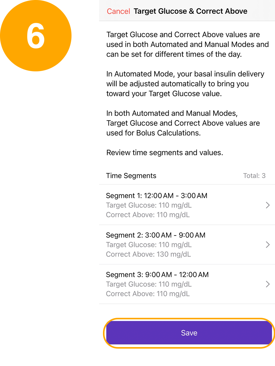 iOS Target Glucose & Correct Above screen with save selected