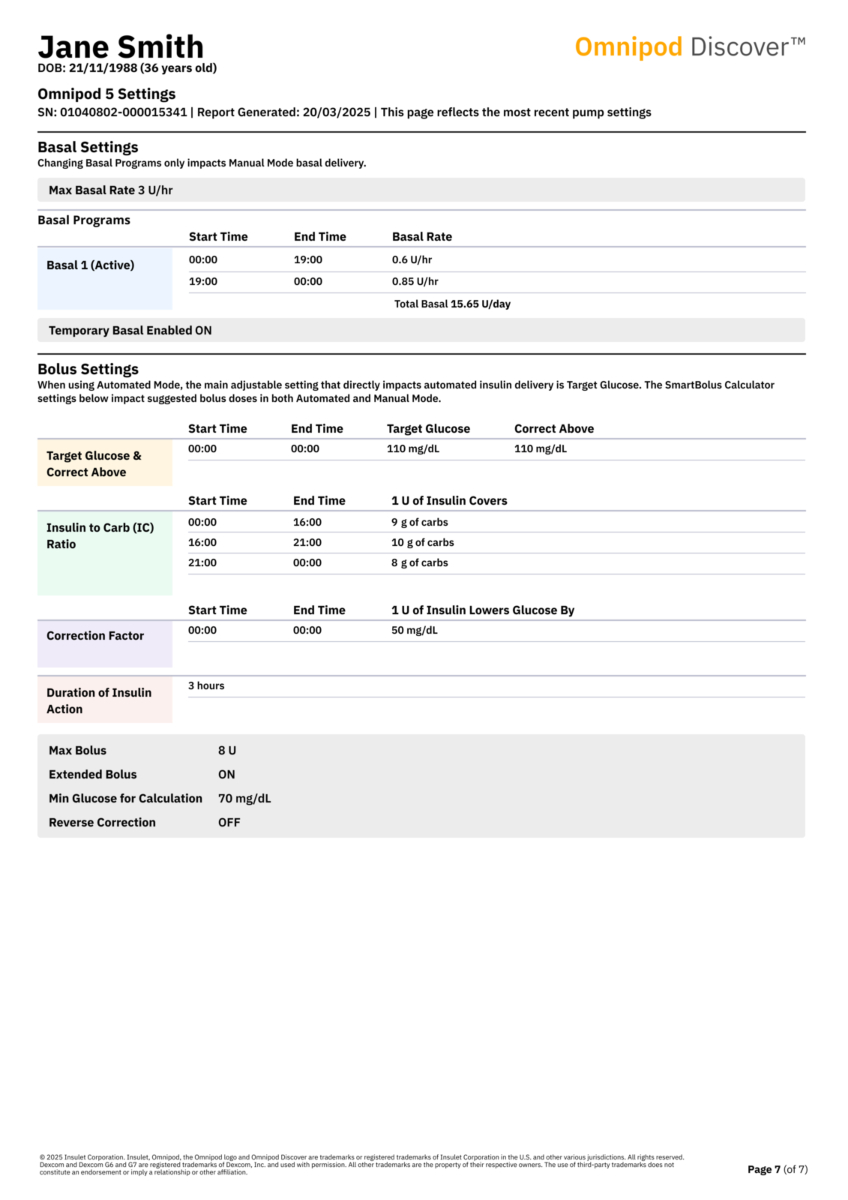 Omnipod 5 with Discover, showing the settings screen, in English and using mg/dL