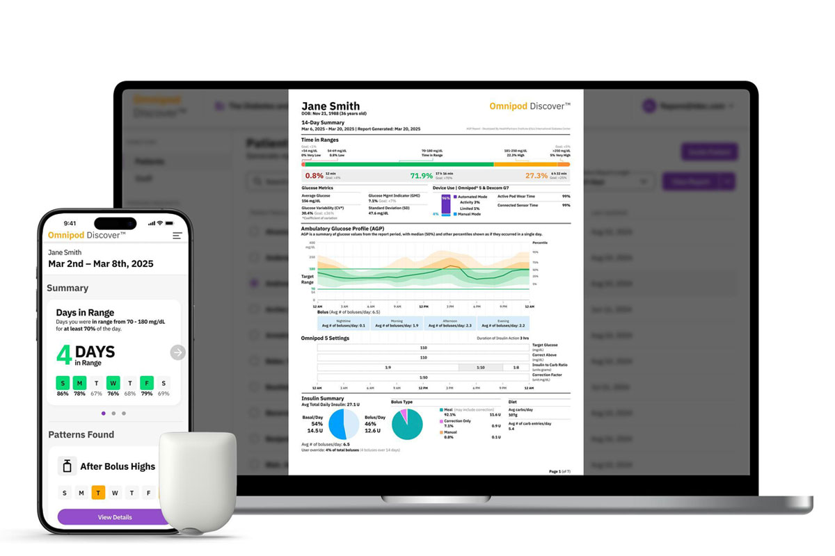 Omnipod Discover screens on phone and laptop with Pod