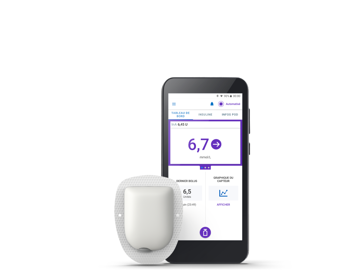 Omnipod 5 with Pod (with adhesive) on right and in mmo/L in French
