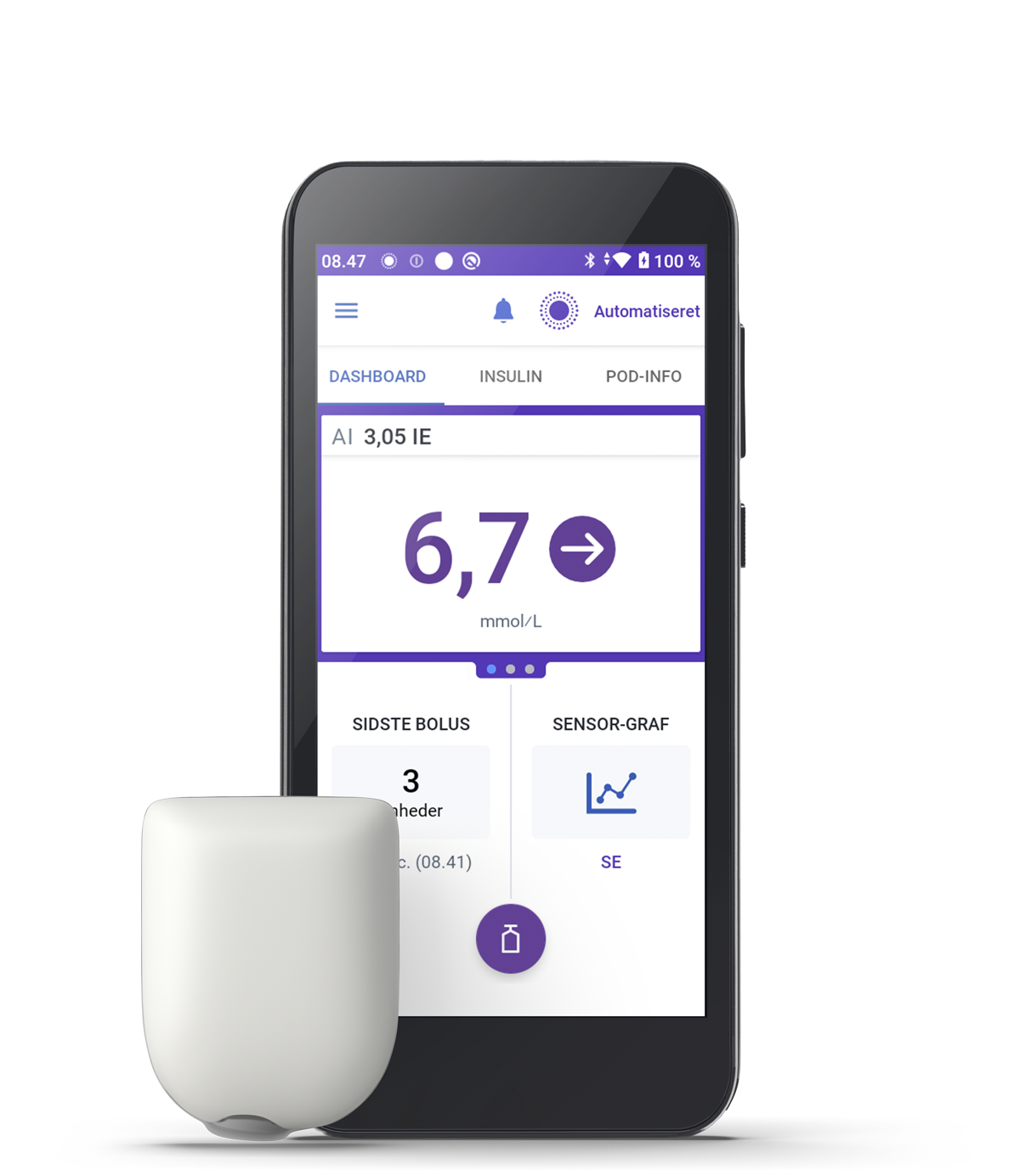 Omnipod 5 with Pod (shown without necessary adhesive) on the left