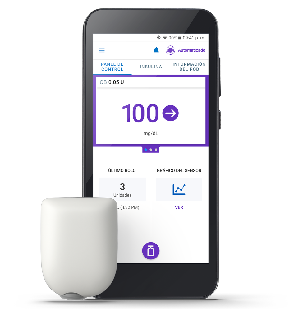 Omnipod Controller with 100 Target Glucose home screen and Pod
