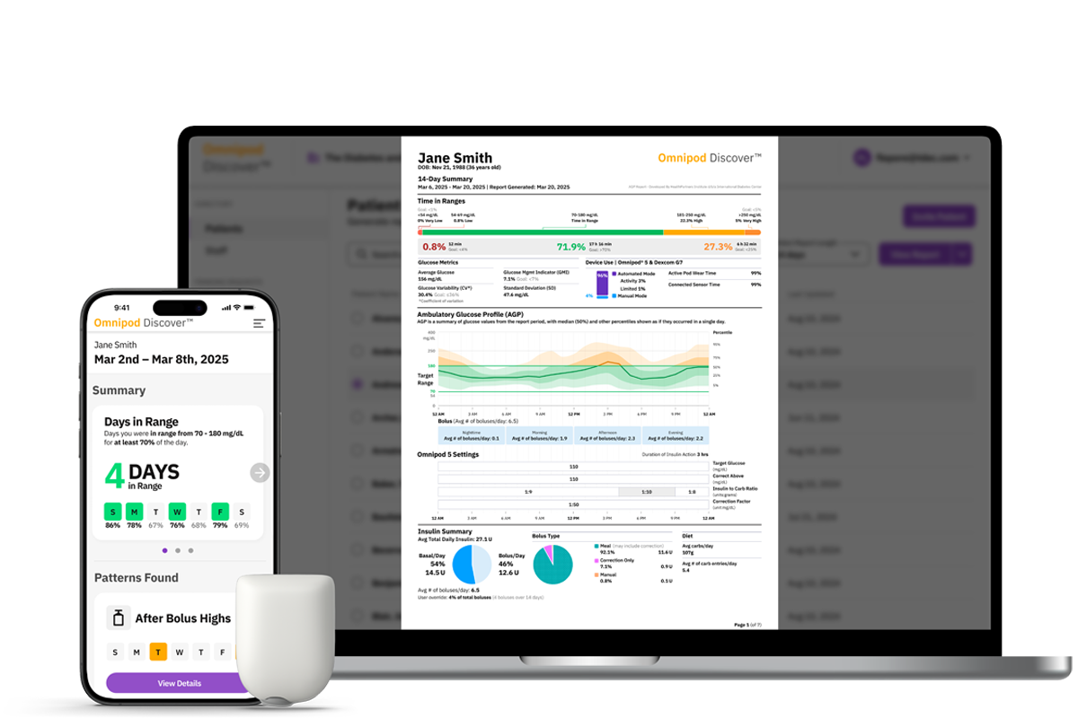 Omnipod Discover dashboards on iPhone and laptop with Pod