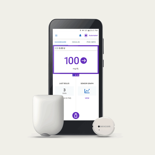 Omnipod 5 with Pod, and a rotating image of Dexcom G7, Abbott FreeStyle Libre 3 Plus and FreeStyle Libre 2 Plus CGMs