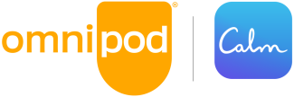Logo of Omnipod and Calm, separated with a line in between both logos