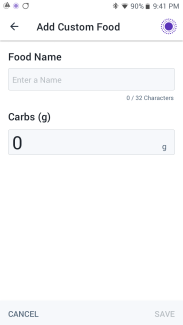 Omnipod 5 Add Custom Food screen