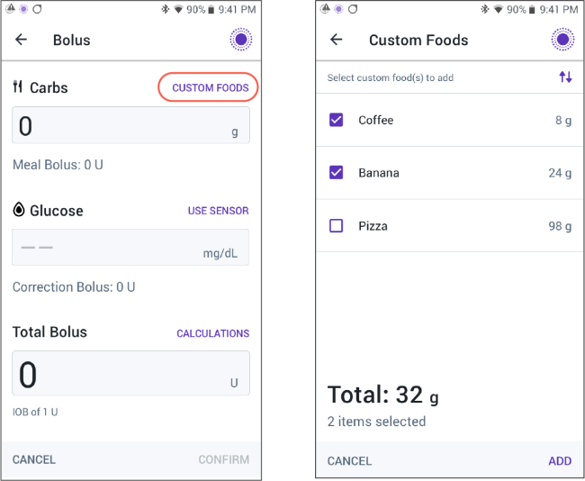 Omnipod 5 Custom Foods with two screens shown side by side
