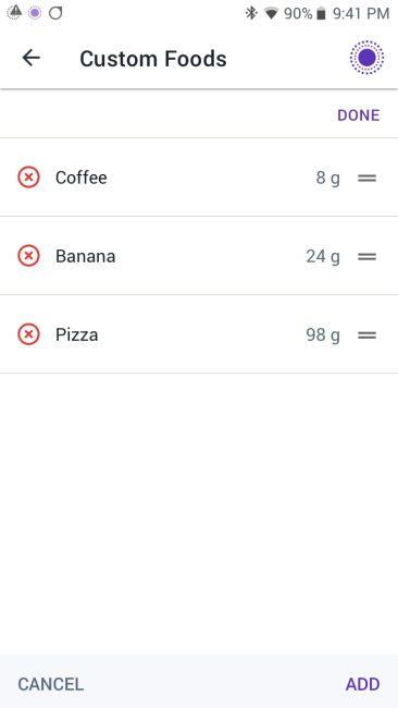 Omnipod 5 Custom Foods screen with options for Coffee, Banana, and Pizza
