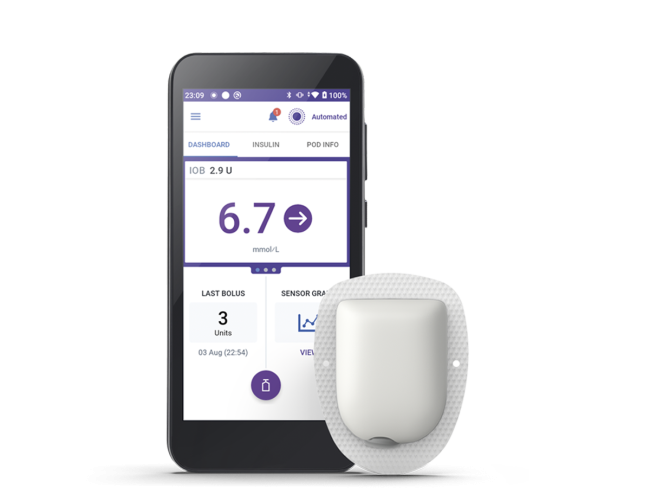 Omnipod 5 with Pod (with adhesive) on right and in mmo/L in English