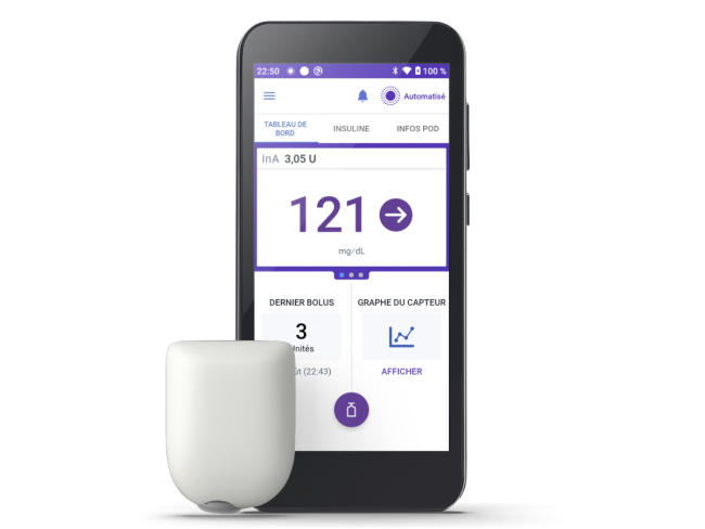 Omnipod 5 with Pod (no adhesive shown) with mg/dL and text in French