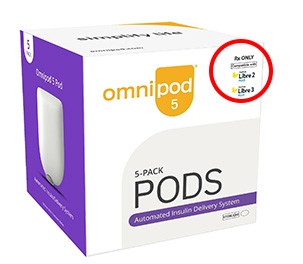 Omnipod 5 box render with FSL3+ and FSL2+ compatibility