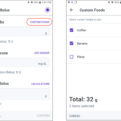 2 screens shown of the Custom Foods on Omnipod 5 App